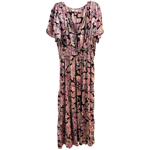 Natural Life Dresses & Skirts - Natural Life Bella Maxi Dress Womens Size XL Black Pink Floral Tiered Resortwear